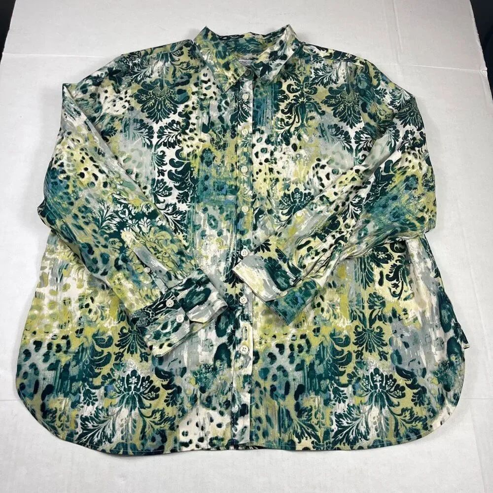Chicos Collared Button Down Shirt Damask Mixed Print Workwear Casual Top 3.5 18